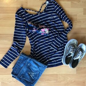 Size medium navy and white striped long sleeve
